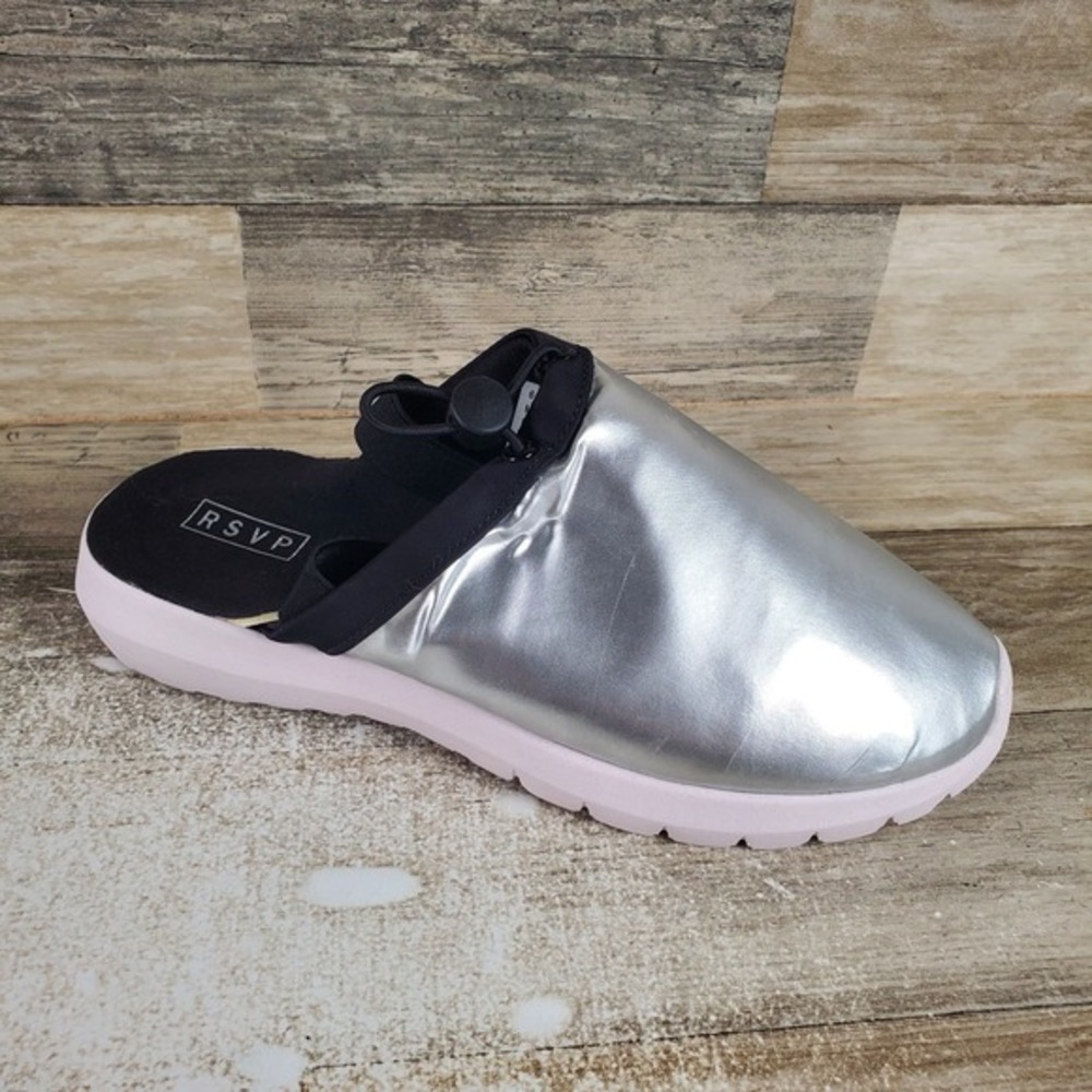 RSVP Janice Womens Clogs Sz 6.5 M Silver Nylon Adjustable Slip On Round‎ Toe